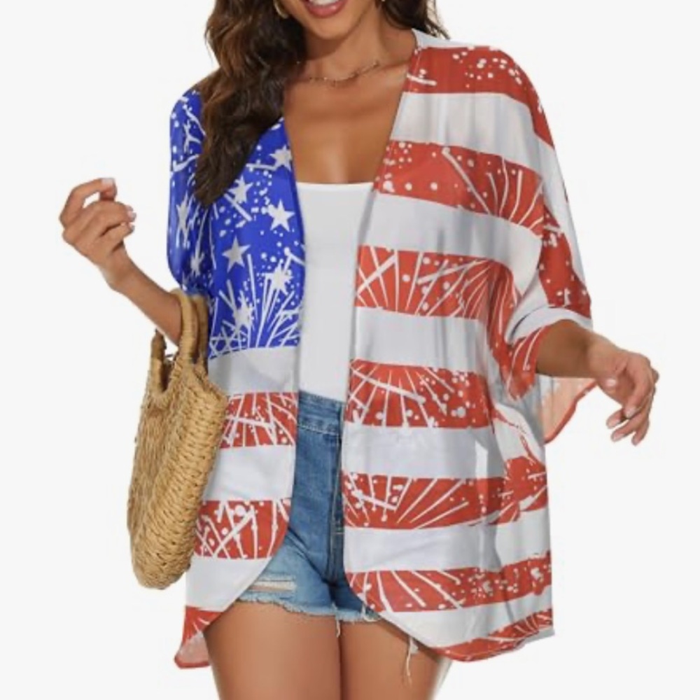 Flag July 4th patriotic Red and White Swim Coverup Kimono